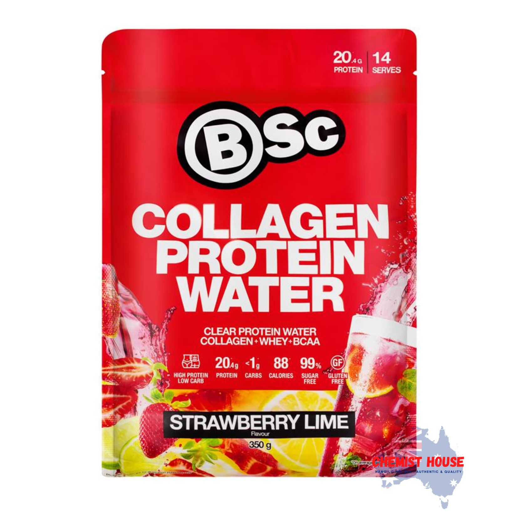 Nước Protein Collagen BSc Dâu Tây Chanh/ Đào 350g - BSc Collagen Protein Water Strawberry Lime/Peach Ice Tea 350g