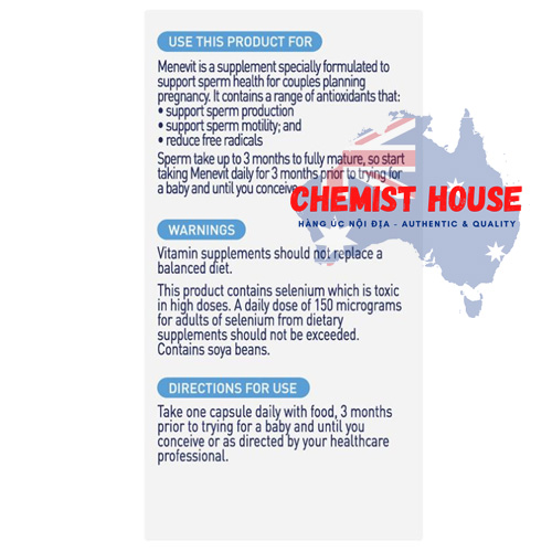 Menevit Pre-Conception Sperm Health (30 days) - Viên uống hỗ trợ sinh sản cho nam giới 30 viên
