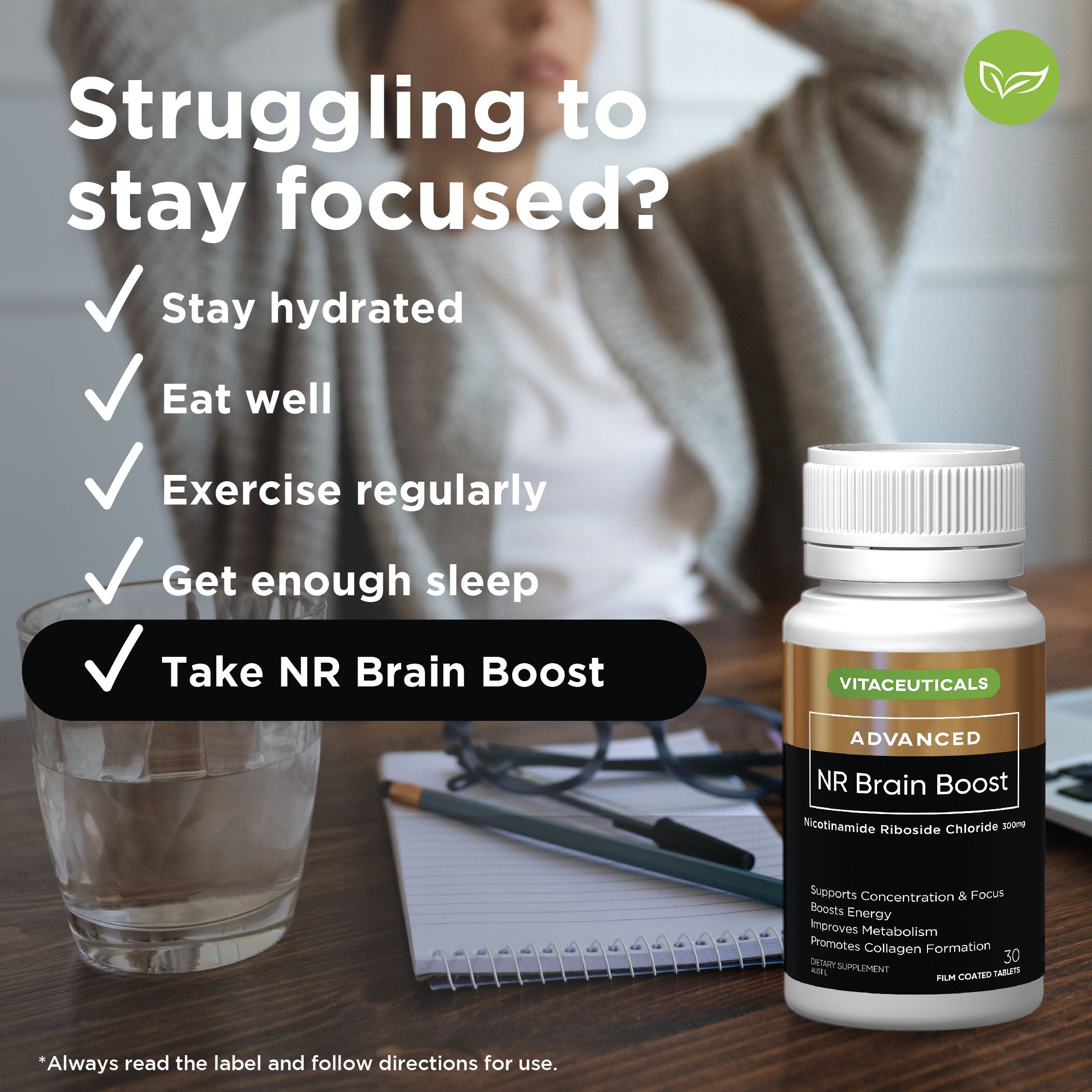 Viên Uống Hỗ Trợ Sức Khỏe Não Bộ, Tim Mạch & Thúc Đẩy Sức Khỏe Làn Da 60 Viên - Vitaceuticals NR Brain Boost 60s