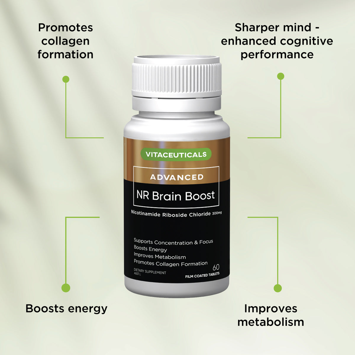 Viên Uống Hỗ Trợ Sức Khỏe Não Bộ, Tim Mạch & Thúc Đẩy Sức Khỏe Làn Da 60 Viên - Vitaceuticals NR Brain Boost 60s