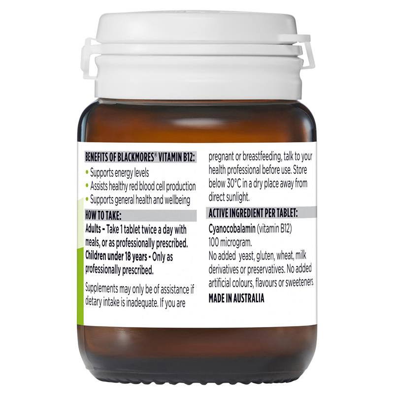 Blackmores Viên Uống Bổ Sung Vitamin B12 100mcg hỗ trợ máu hồng cầu TĂNG NĂNG LƯỢNG