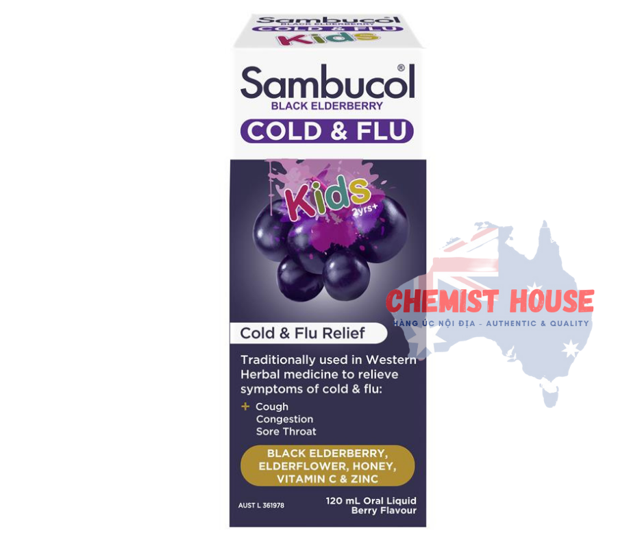 Sambucol Black Elderberry Cold & Flu Kids Liquid - Siro trị cảm cúm cho bé 120ml
