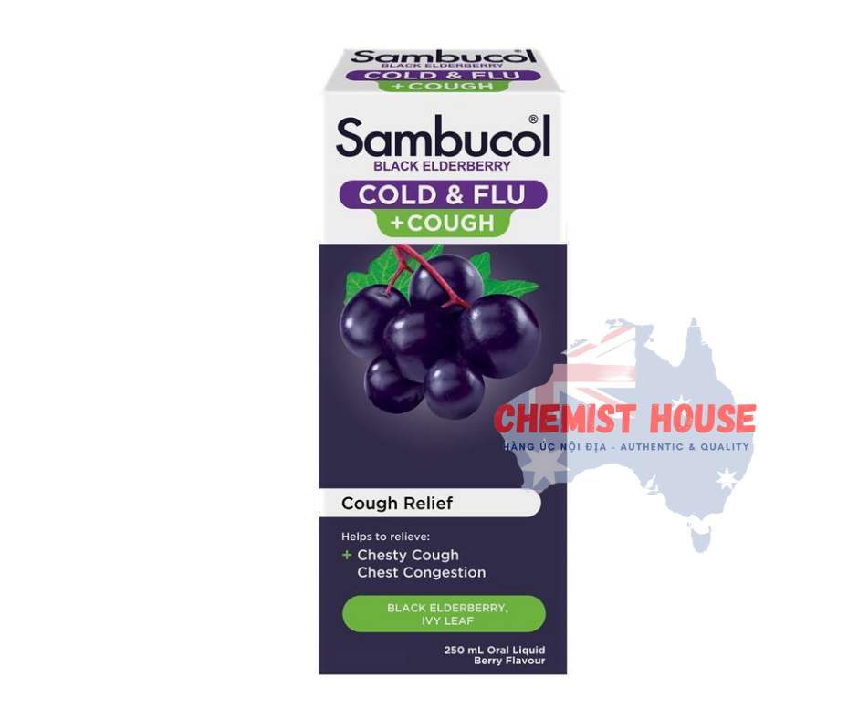 Sambucol Cold & Flu + Cough Liquid - Siro giảm ho, trị cảm cúm 250ml