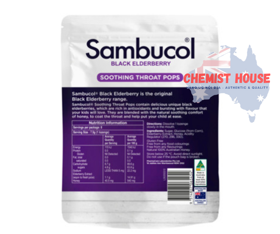 Sambucol Kids Soothing Throat Pops 8 Pack - Kẹo mút giảm ho cho bé 8 cây