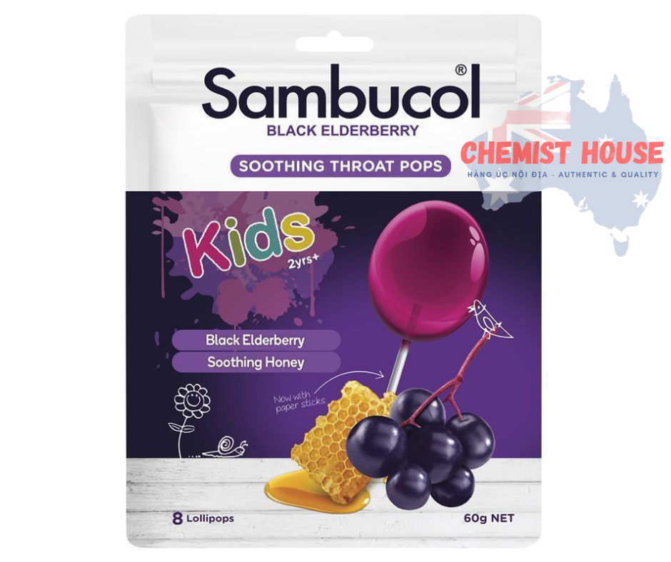 Sambucol Kids Soothing Throat Pops 8 Pack - Kẹo mút giảm ho cho bé 8 cây