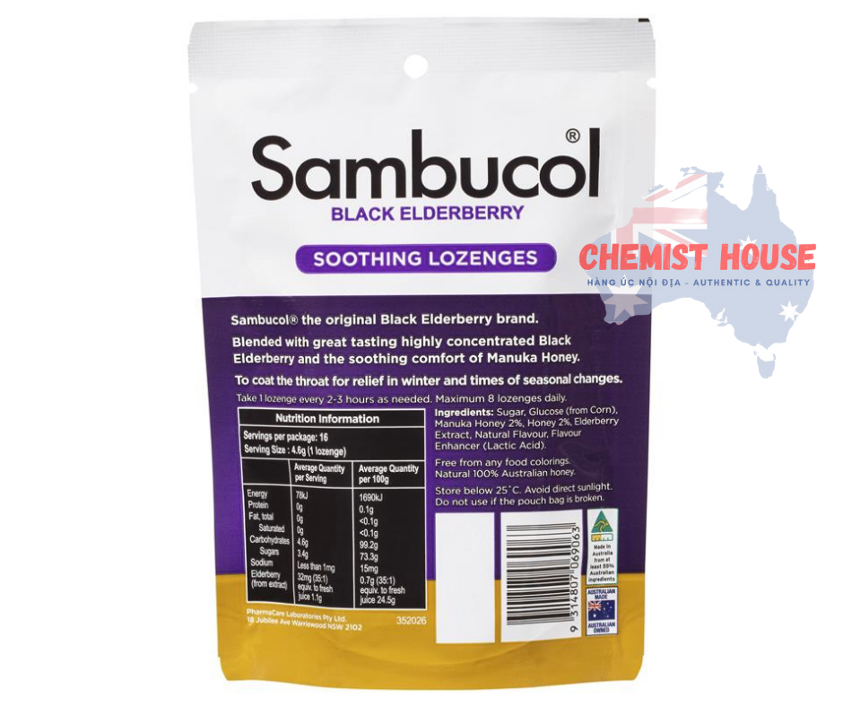 Sambucol Soothing Manuka Honey 16 Lozenges - Viên ngậm mật ong giảm đau họng 16 viên