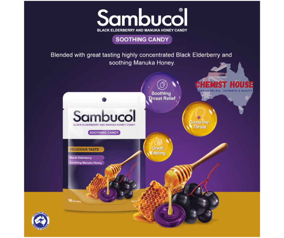Sambucol Soothing Manuka Honey 16 Lozenges - Viên ngậm mật ong giảm đau họng 16 viên