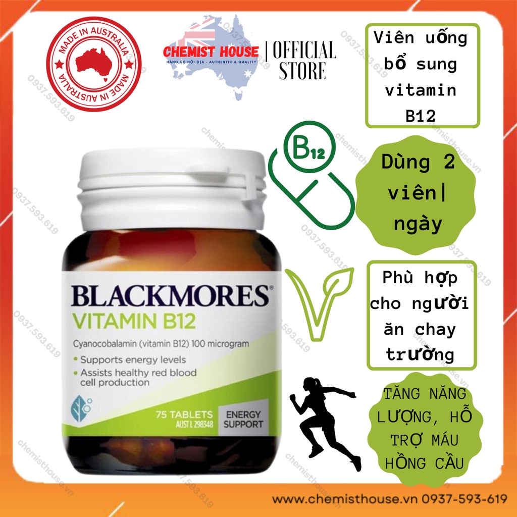 [Hàng chuẩn Úc] Blackmores Viên Uống Bổ Sung Vitamin B12 100mcg hỗ trợ máu hồng cầu tăng năng lượng phù hợp ăn chay