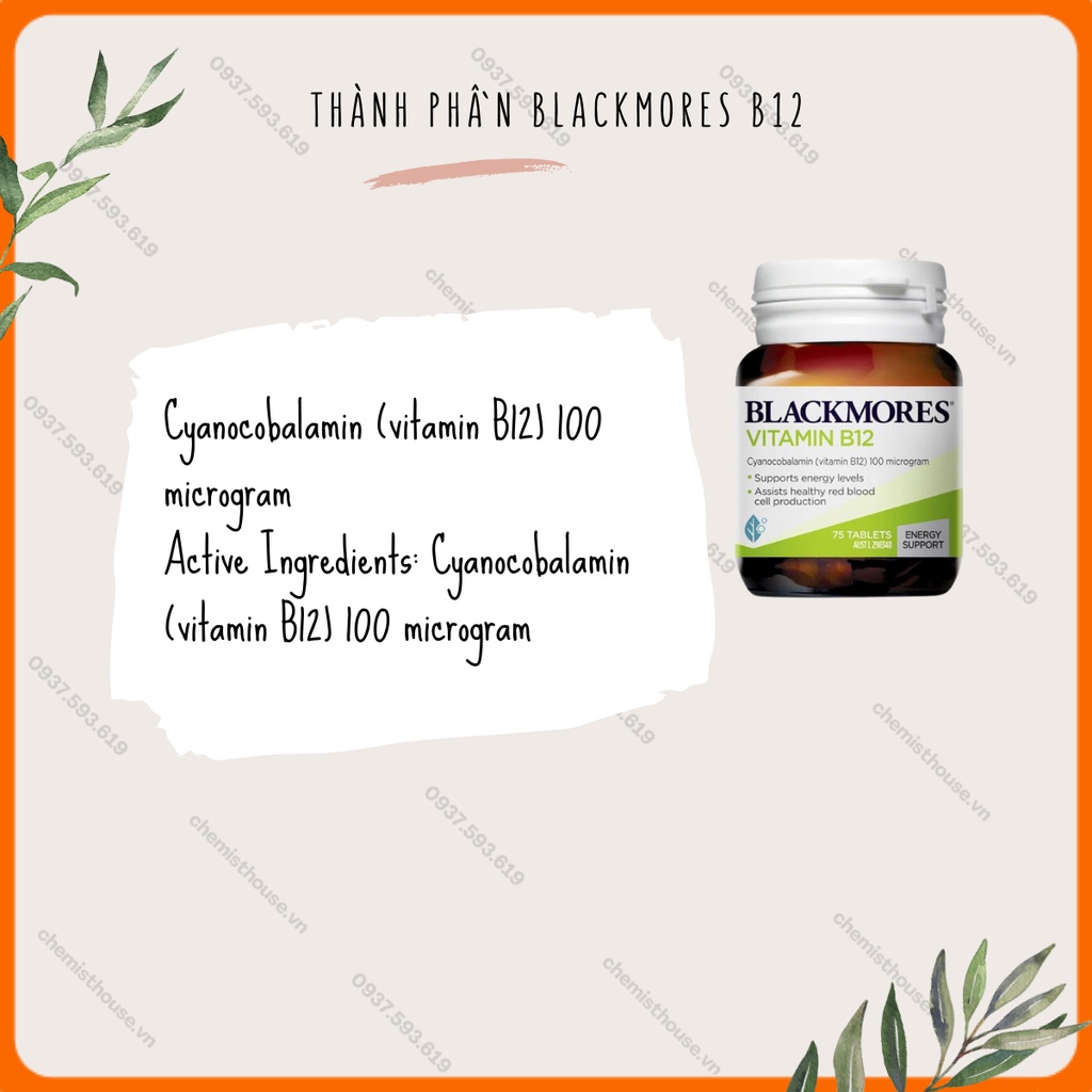 [Hàng chuẩn Úc] Blackmores Viên Uống Bổ Sung Vitamin B12 100mcg hỗ trợ máu hồng cầu tăng năng lượng phù hợp ăn chay
