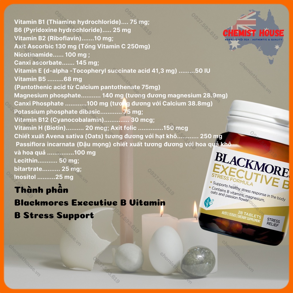 [Hàng chuẩn Úc] Viên Uống Giảm Căng Thẳng, Mệt Mỏi Blackmores Executive B Stress Formula