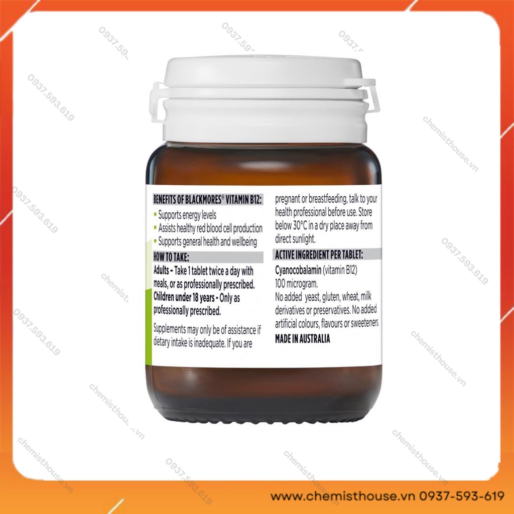 [Hàng chuẩn Úc] Blackmores Viên Uống Bổ Sung Vitamin B12 100mcg hỗ trợ máu hồng cầu tăng năng lượng phù hợp ăn chay