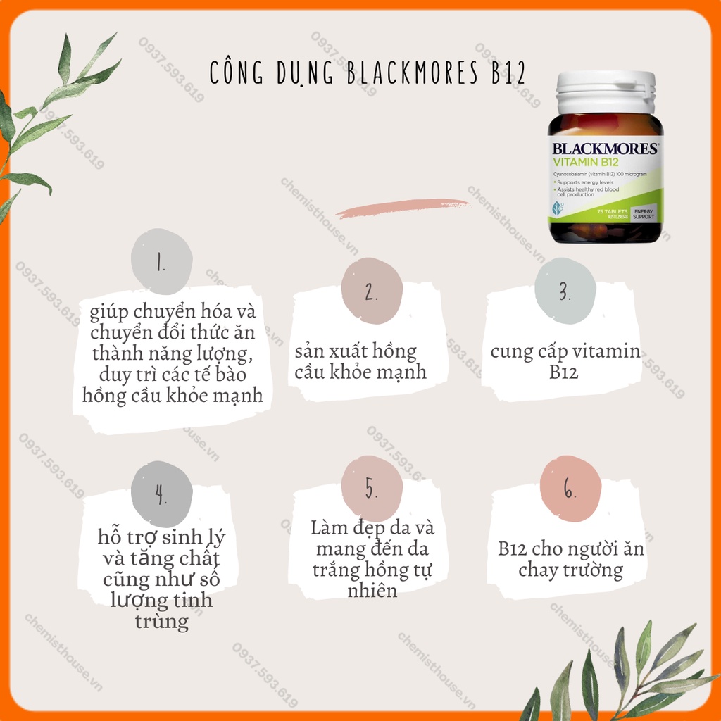 [Hàng chuẩn Úc] Blackmores Viên Uống Bổ Sung Vitamin B12 100mcg hỗ trợ máu hồng cầu tăng năng lượng phù hợp ăn chay