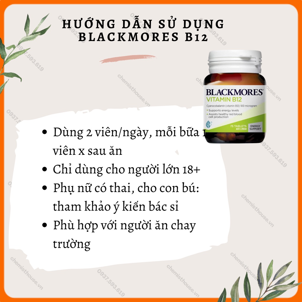 [Hàng chuẩn Úc] Blackmores Viên Uống Bổ Sung Vitamin B12 100mcg hỗ trợ máu hồng cầu tăng năng lượng phù hợp ăn chay