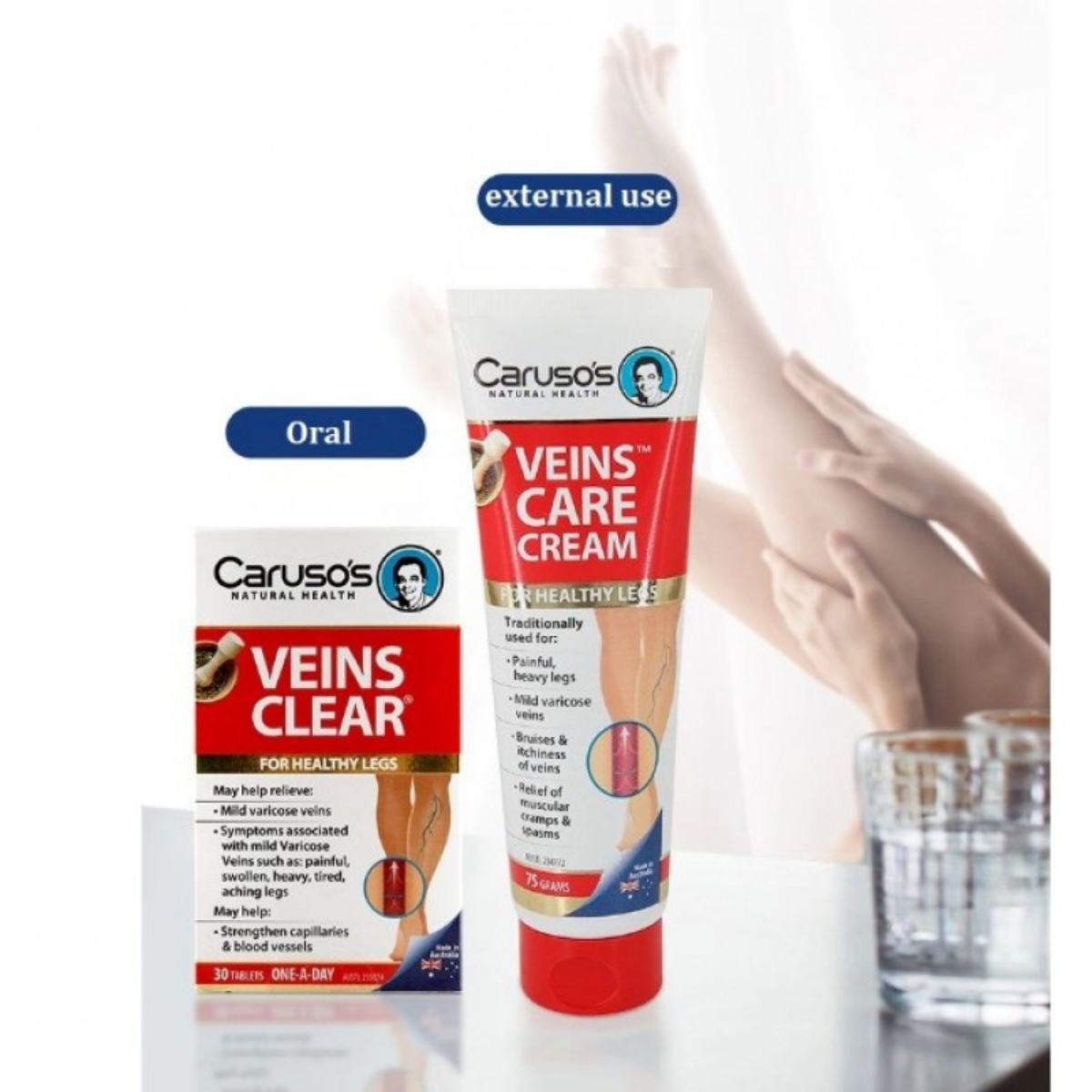 Combo Kem Bôi & Viên Uống Ngừa Suy Giãn Tĩnh Mạch Úc - Caruso''s Veins Care Clear