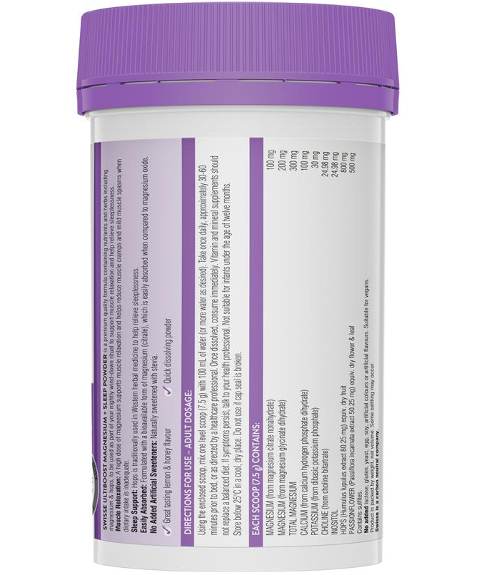 Bột hỗ trợ ngũ ngon vị chanh mật ong Úc - Swisse Ultiboost Magnesium + Sleep Powder 180g