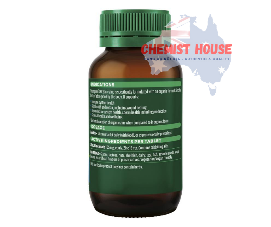 Thompson's Organic Zinc 180 Tablets - Viên uống bổ sung kẽm hữu cơ 180 viên