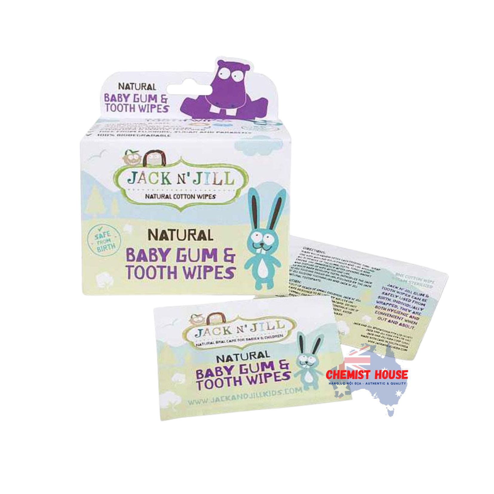 25 Miếng Giấy Ướt Rơ Lưỡi, Chà Nứu, Chùi Răng, Vệ Sinh Răng Miệng Cho Bé 100% Cotton Mềm Không Chứa Fluoride, Dường và Paraben - Jack N Jill Tooth & Gum Wipes 25 Pack