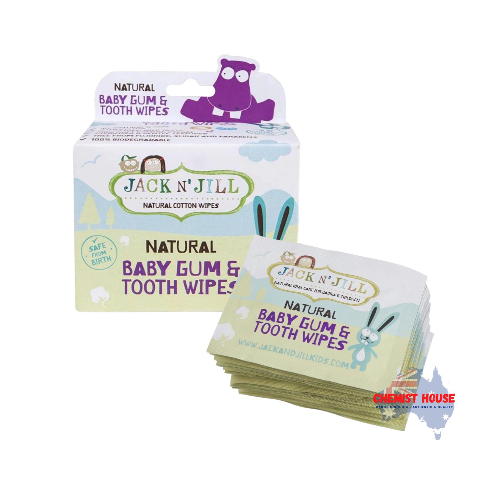 25 Miếng Giấy Ướt Rơ Lưỡi, Chà Nứu, Chùi Răng, Vệ Sinh Răng Miệng Cho Bé 100% Cotton Mềm Không Chứa Fluoride, Dường và Paraben - Jack N Jill Tooth & Gum Wipes 25 Pack