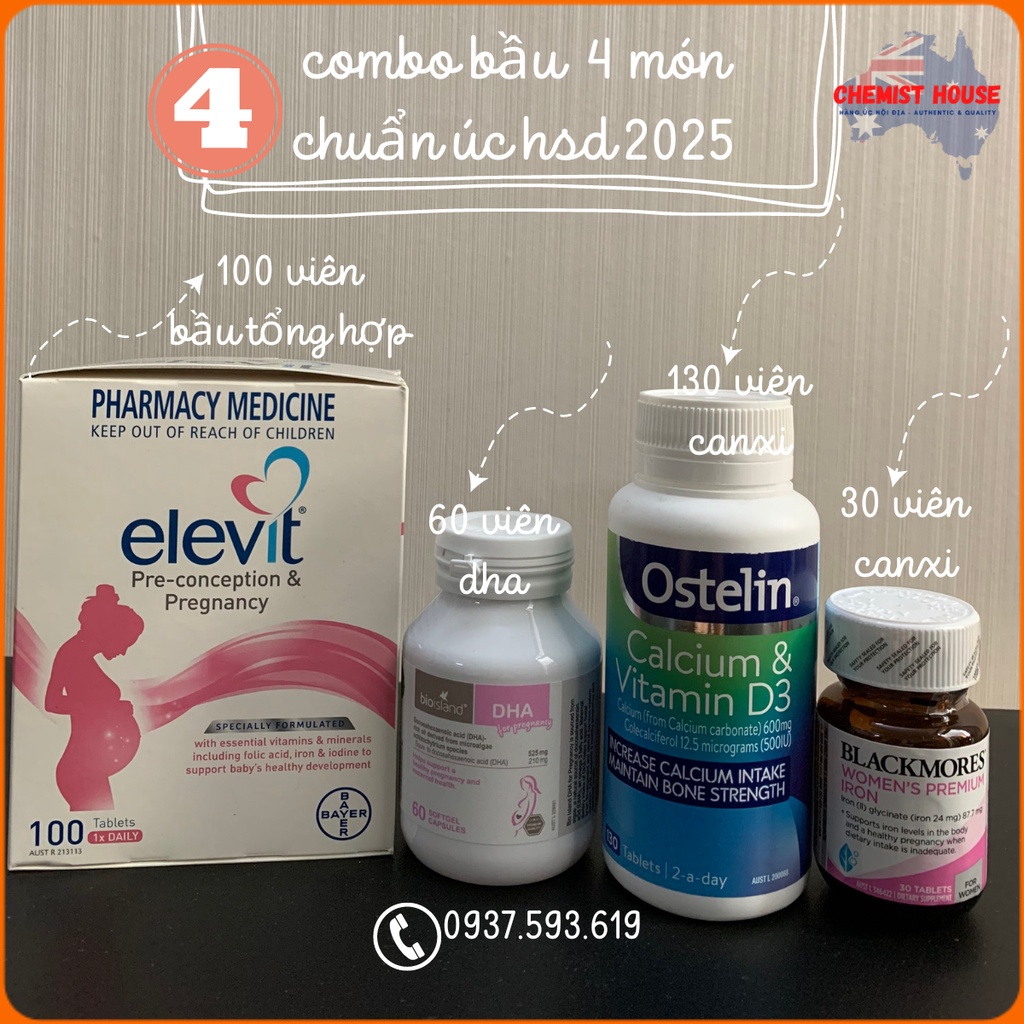 Combo Vitamin cho Mẹ Bầu 4 món (Elevit bầu hồng tổng hợp + DHA Bio Island + Canxi Ostelin + Sắt Blackmores)