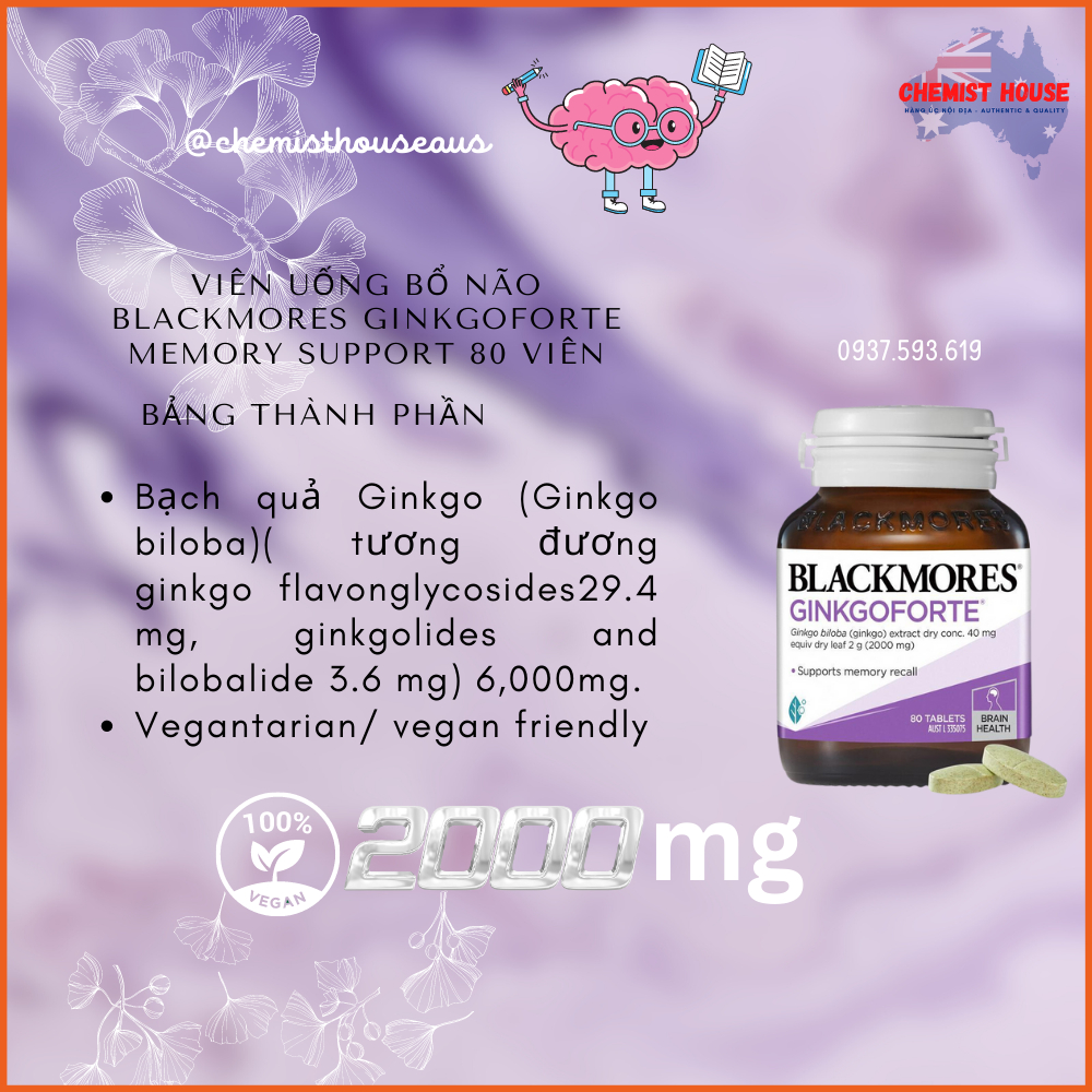 [Hàng Úc] Viên uống bổ não hoạt huyết dưỡng não cải thiện trí nhớ tập trung Blackmores Ginkgoforte Memory Support 80Viên