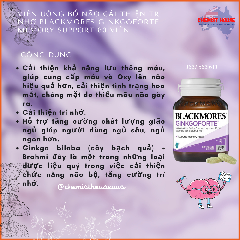 [Hàng Úc] Viên uống bổ não hoạt huyết dưỡng não cải thiện trí nhớ tập trung Blackmores Ginkgoforte Memory Support 80Viên