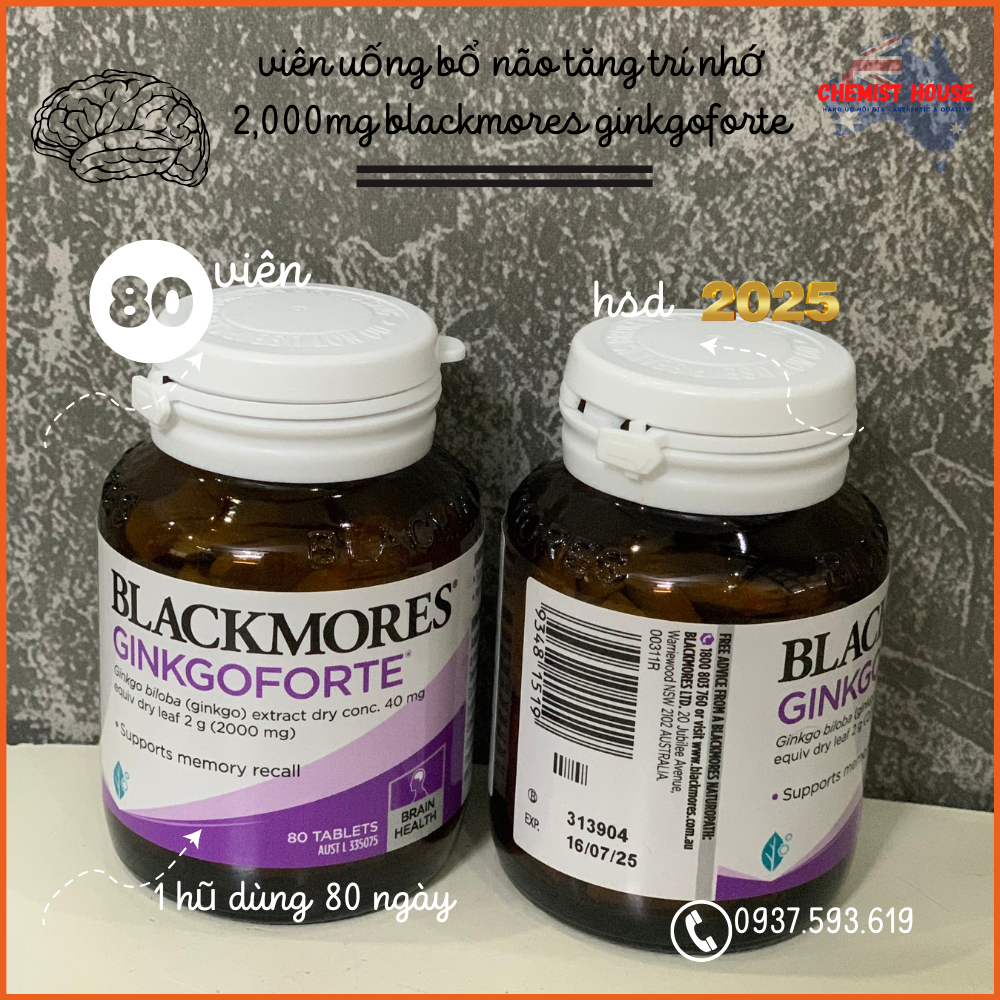 [Hàng Úc] Viên uống bổ não hoạt huyết dưỡng não cải thiện trí nhớ tập trung Blackmores Ginkgoforte Memory Support 80Viên