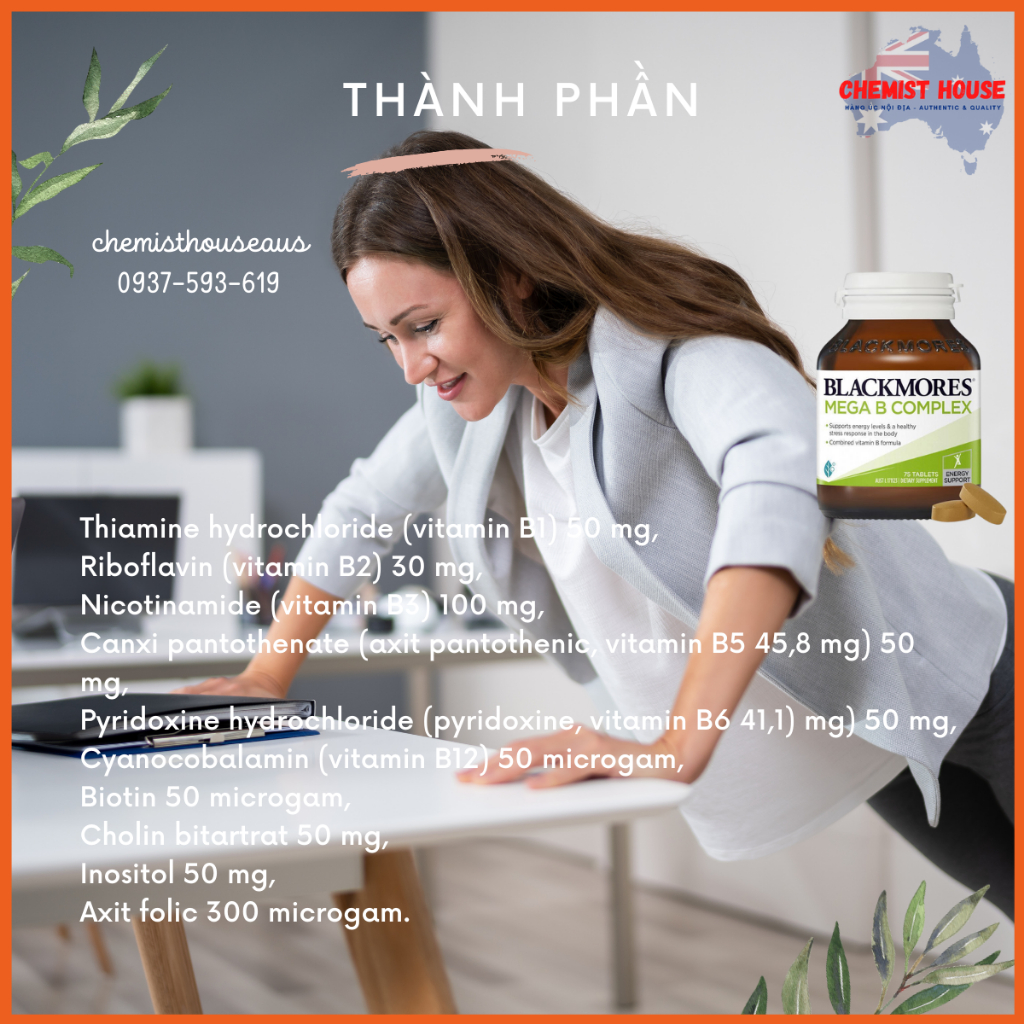 Viên Uống Tăng Cường Năng Lượng Vitamin Nhóm B - Blackmores Mega B Complex Energy Support Vitamin Phù Hợp Ăn Chay