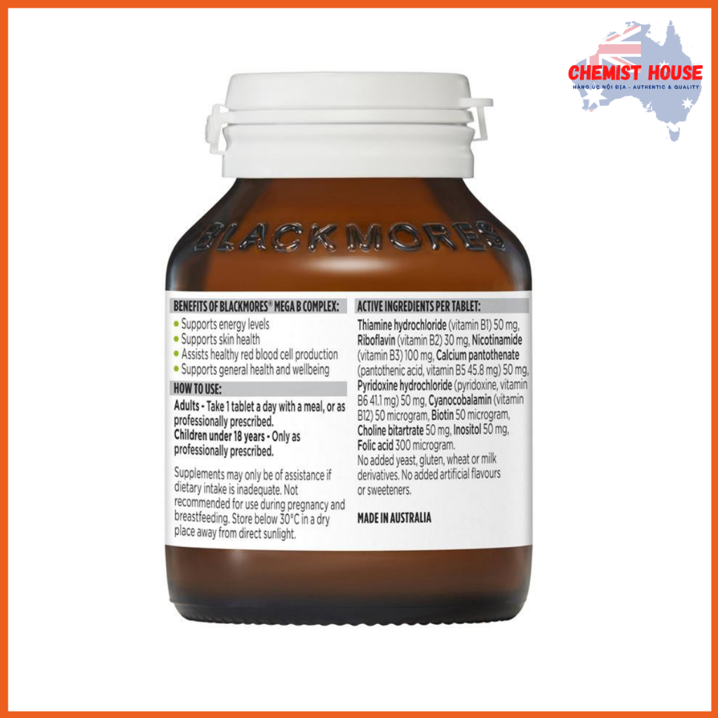 Viên Uống Tăng Cường Năng Lượng Vitamin Nhóm B - Blackmores Mega B Complex Energy Support Vitamin Phù Hợp Ăn Chay
