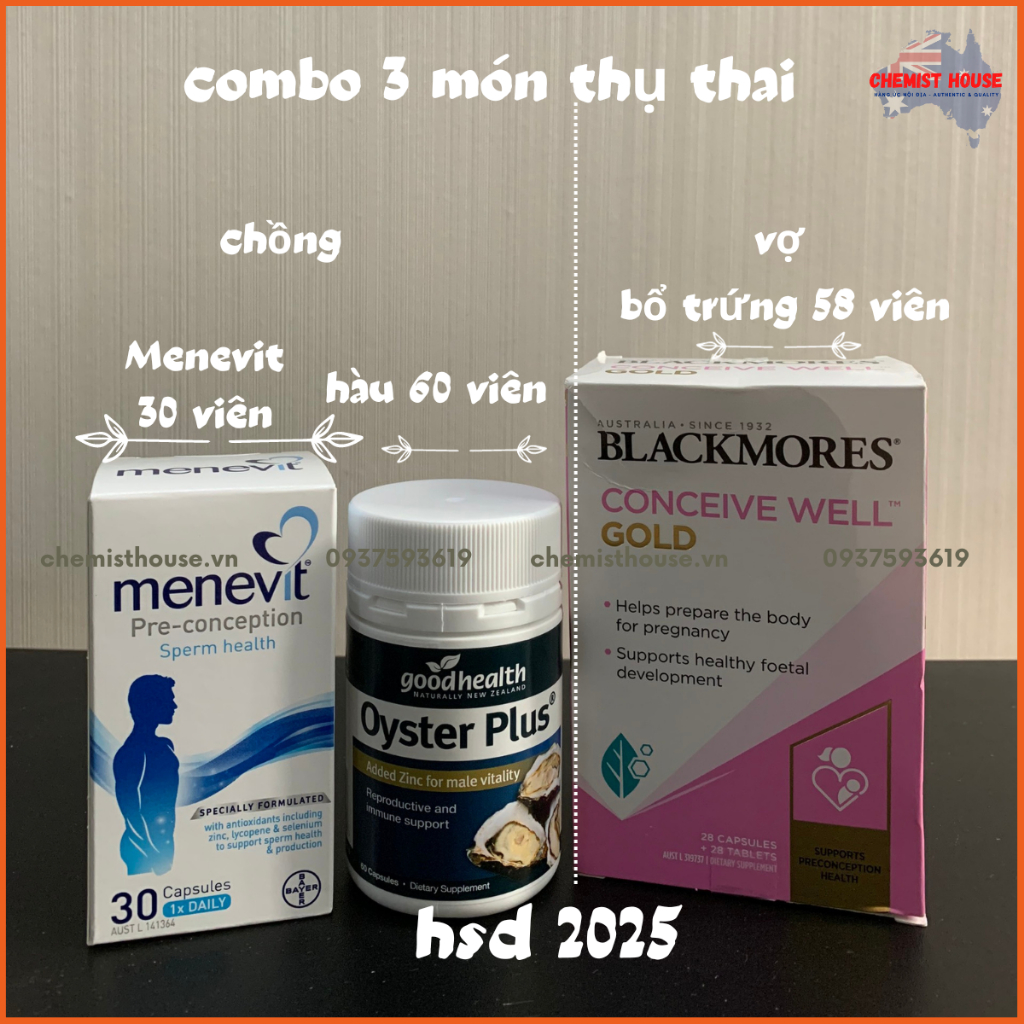 [Hàng chuẩn Úc] Combo Thụ Thai 3 món (Menevit + Hàu Oyster Plus + Blackmores Conceive Well Gold) HSD Xa