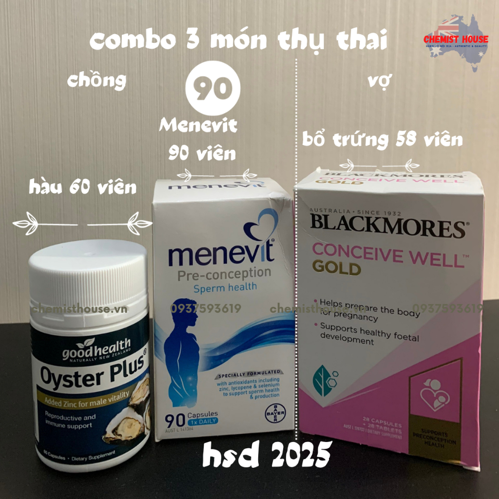 [Hàng chuẩn Úc] Combo Thụ Thai 3 món (Menevit + Hàu Oyster Plus + Blackmores Conceive Well Gold) HSD Xa