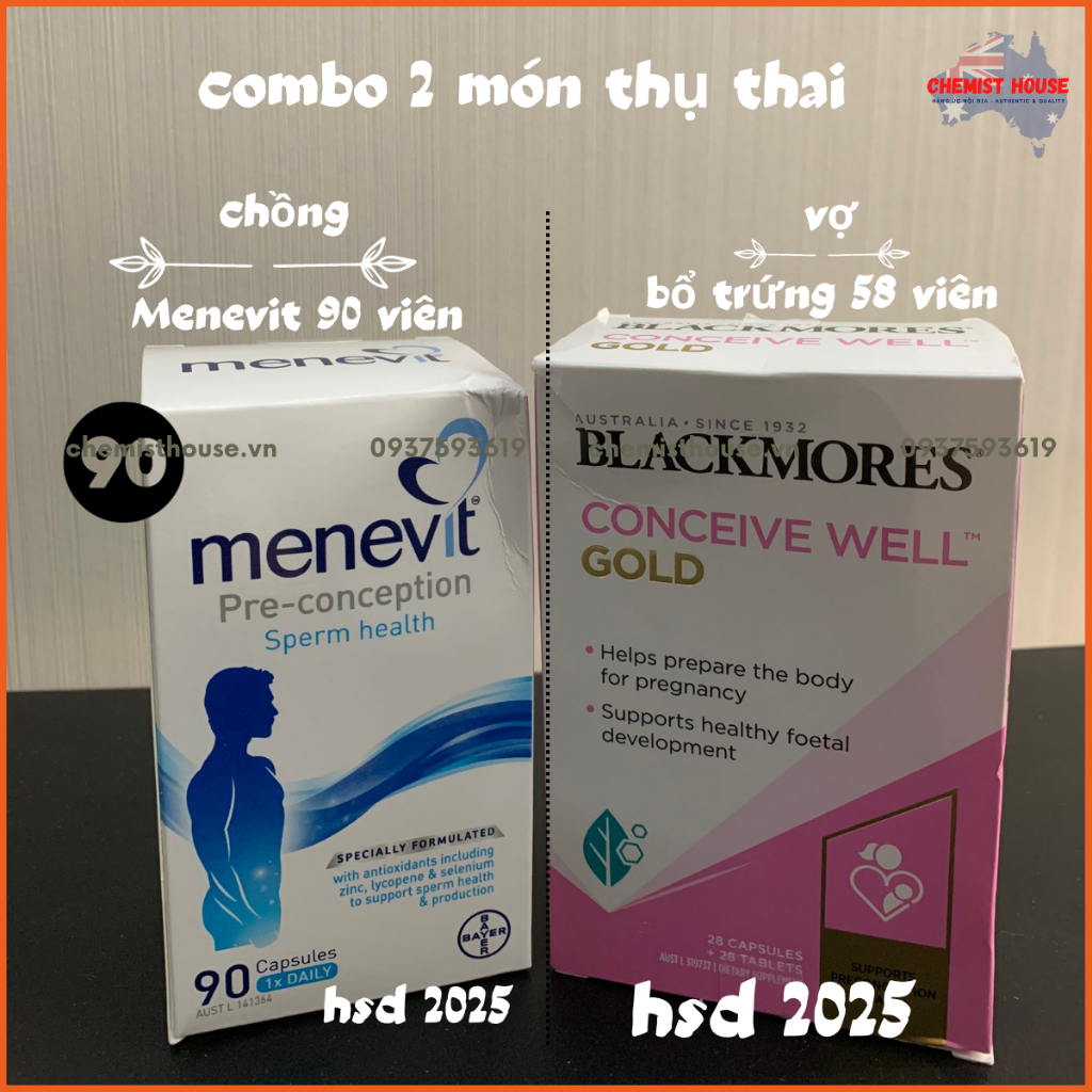 [Hàng chuẩn Úc] Combo Thụ Thai 3 món (Menevit + Hàu Oyster Plus + Blackmores Conceive Well Gold) HSD Xa
