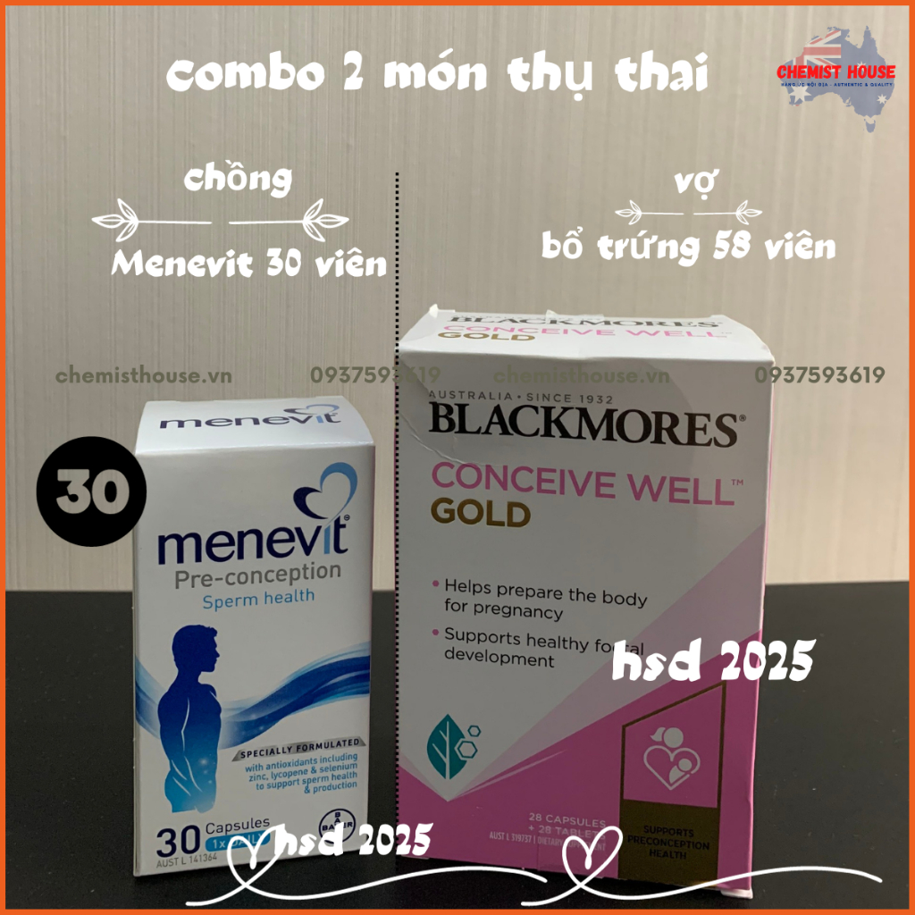 [Hàng chuẩn Úc] Combo Thụ Thai 3 món (Menevit + Hàu Oyster Plus + Blackmores Conceive Well Gold) HSD Xa
