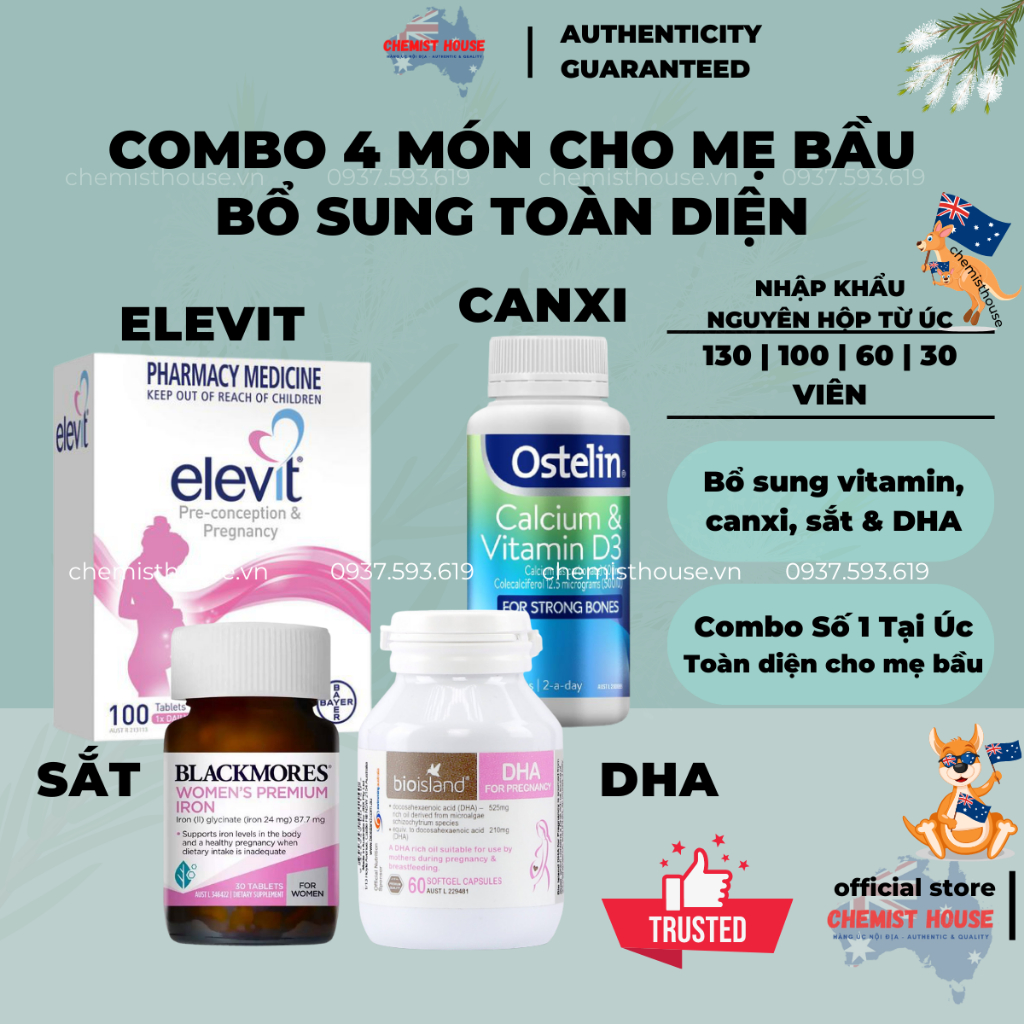 Combo Vitamin cho Mẹ Bầu 4 món (Elevit bầu hồng tổng hợp + DHA Bio Island + Canxi Ostelin + Sắt Blackmores)