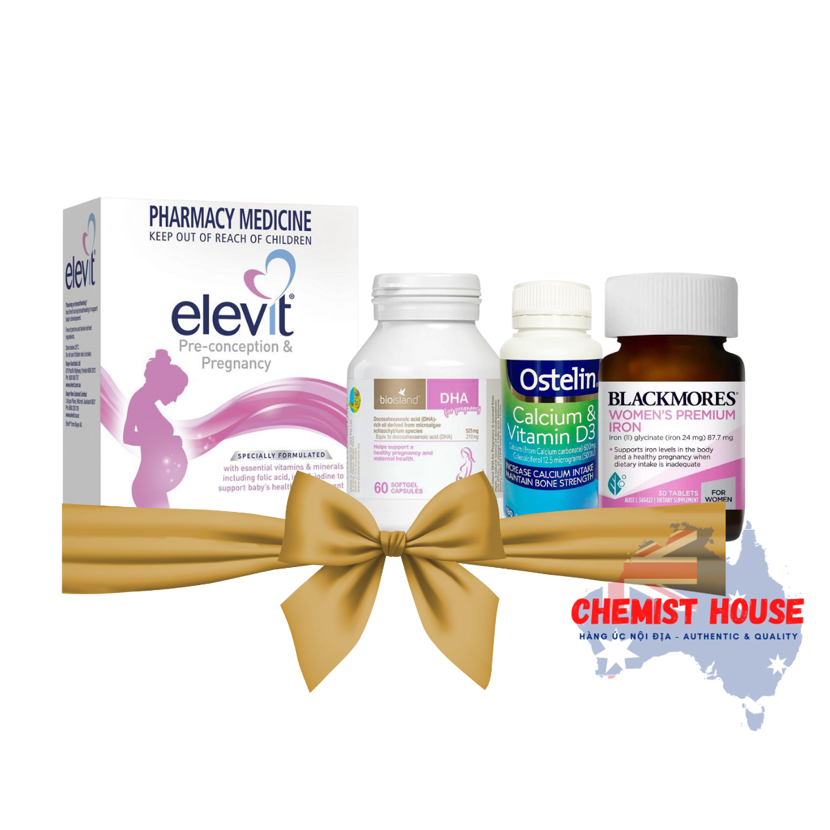Combo Vitamin cho Mẹ Bầu 4 món (Elevit bầu hồng tổng hợp + DHA Bio Island + Canxi Ostelin + Sắt Blackmores)