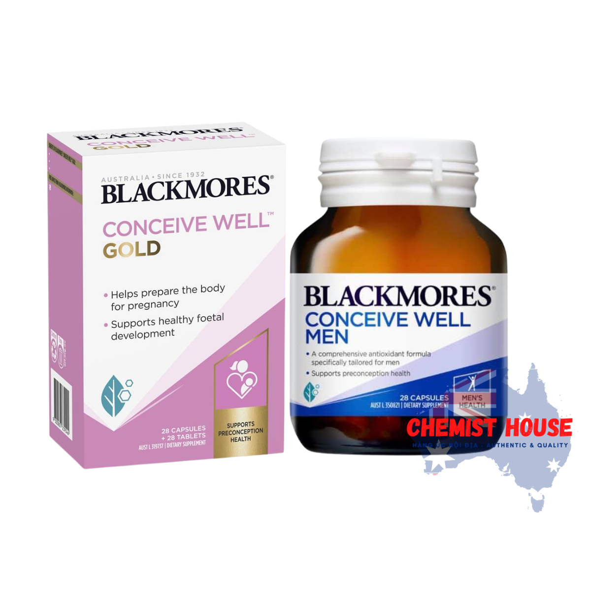 Combo tăng thụ thai Úc Blackmores Conceive Well Gold + Conceive Well Men đầy đủ dưỡng chất thiết yếu cho bố mẹ