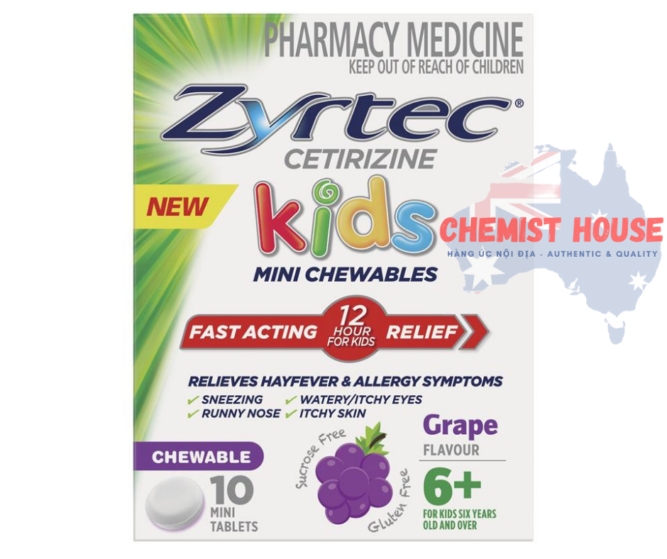 Zyrtec Kids Antihistamine Allergy & Hayfever Chewable Tablet Grape - Viên nhai giảm sốt và dị ứng vị nho 10 viên