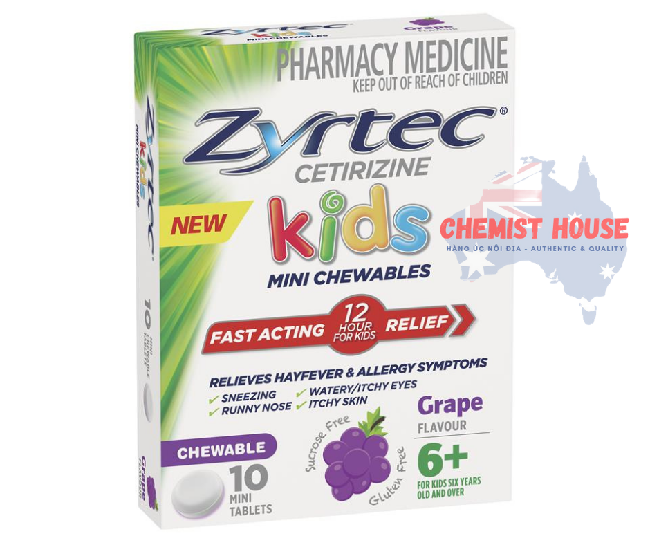 Zyrtec Kids Antihistamine Allergy & Hayfever Chewable Tablet Grape - Viên nhai giảm sốt và dị ứng vị nho 10 viên