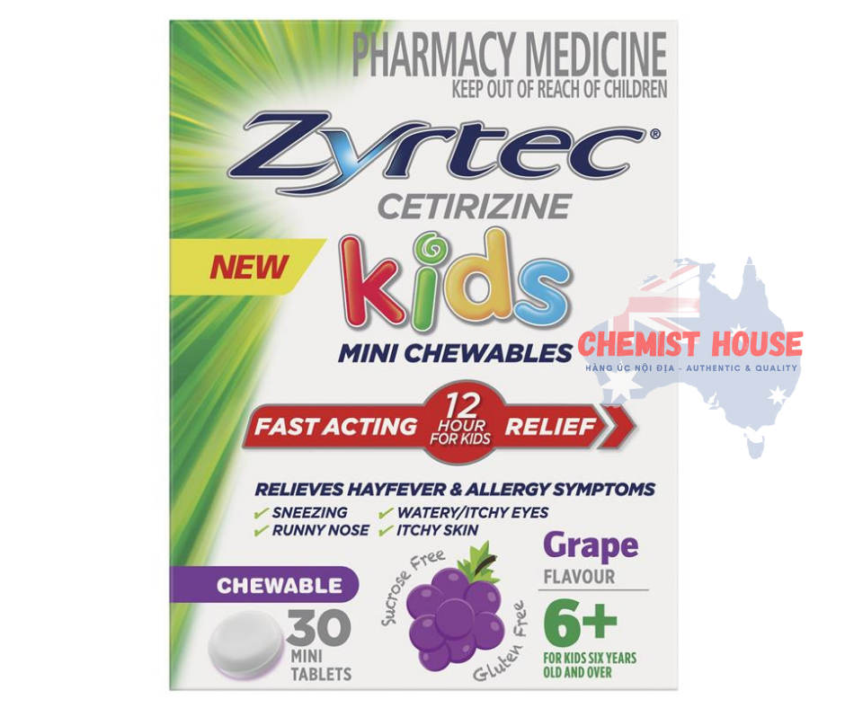 Zyrtec Kids Antihistamine Allergy & Hayfever Chewable Tablet Grape - Viên nhai giảm sốt và dị ứng vị nho 30 viên