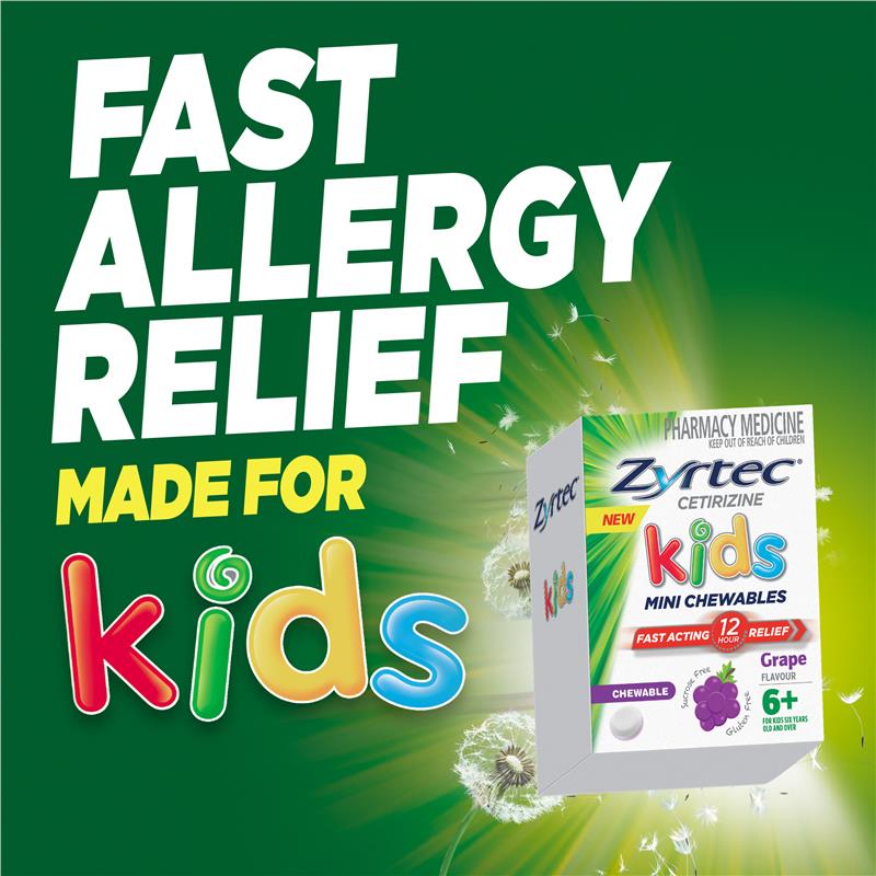 Zyrtec Kids Antihistamine Allergy & Hayfever Chewable Tablet Grape - Viên nhai giảm sốt và dị ứng vị nho 30 viên