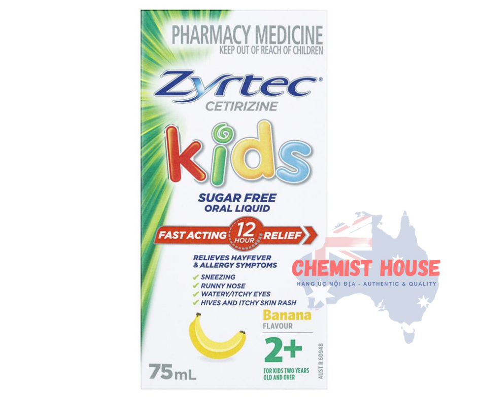 Zyrtec Kids Antihistamine Allergy & Hayfever Oral Liquid Banana - Siro giảm sốt và dị ứng vị chuổi 75ml