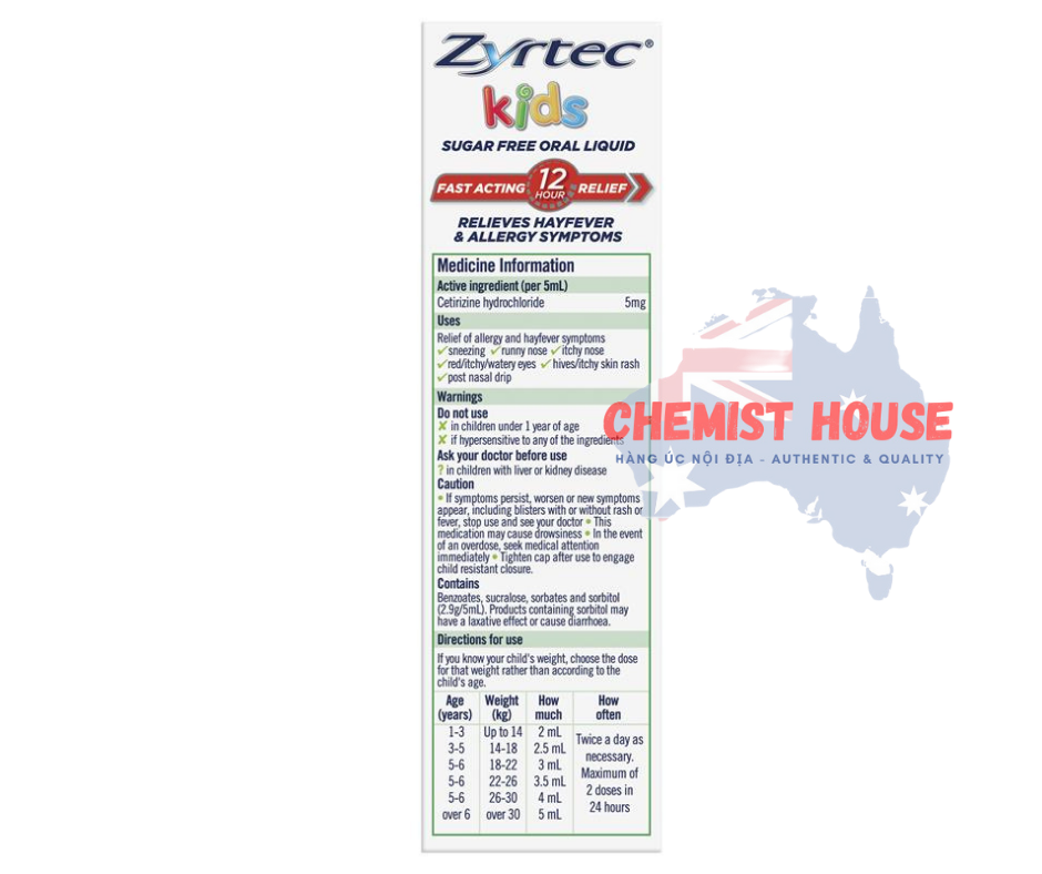 Zyrtec Kids Antihistamine Allergy & Hayfever Oral Liquid Grape - Siro giảm sốt và dị ứng vị nho 60ml