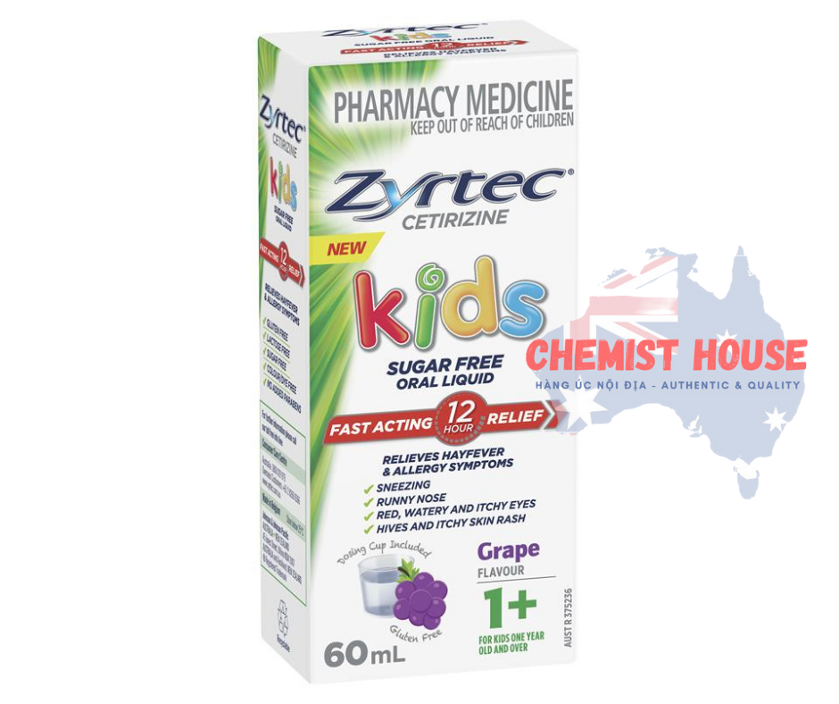 Zyrtec Kids Antihistamine Allergy & Hayfever Oral Liquid Grape - Siro giảm sốt và dị ứng vị nho 60ml
