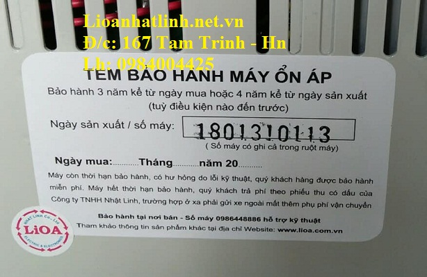 TEM BẢO HÀNH ỔN ÁP LIOA 1KVA MỚI NHẤT