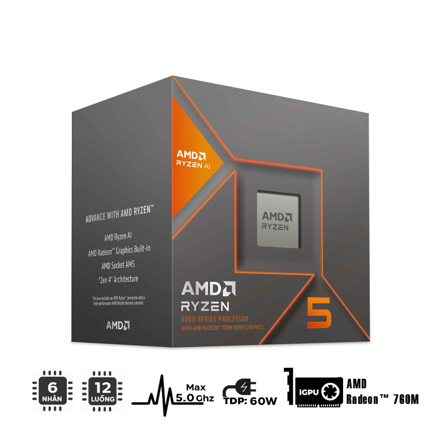 CPU AMD Ryzen 5 8600G (3.5GHz Upto 5.0GHz / 22MB / 6 Cores, 12 Threads / 65W / Socket AM5)