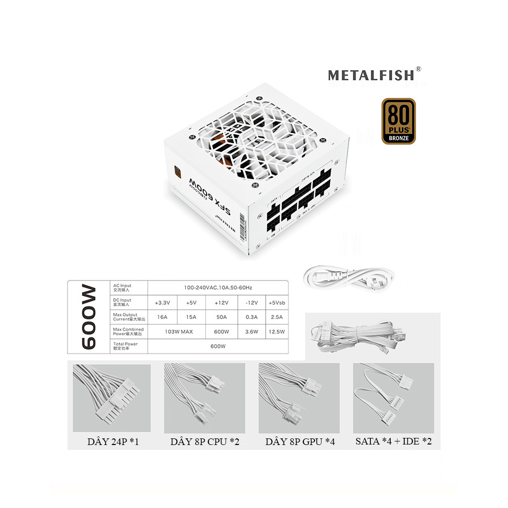 NGUỒN MÁY TÍNH METALFISH T-POWER SFX 600M (600W/ 80 PLUS BRONZE/ FULL MODULAR)