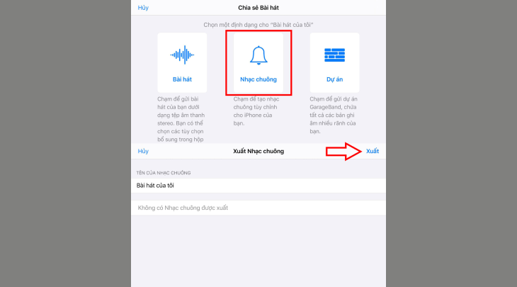 Chọn phần Nhạc chuông rồi chọn Xuất là hoàn thành cách cài nhạc chuông cho iPhone bằng document