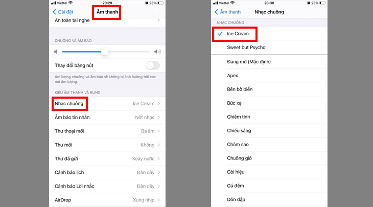 tiếp tục bấm vào phần Nhạc Chuông và chọn bài hát mình vừa tải về để cài đặt làm nhạc chuông