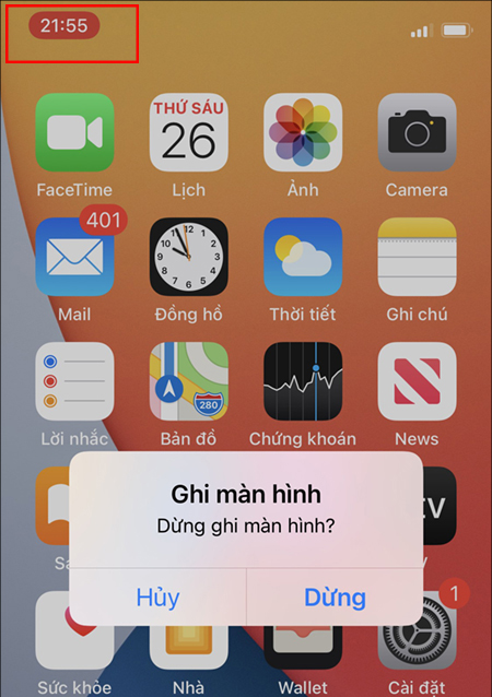 Thao tác dừng quay màn hình trên iPhone.