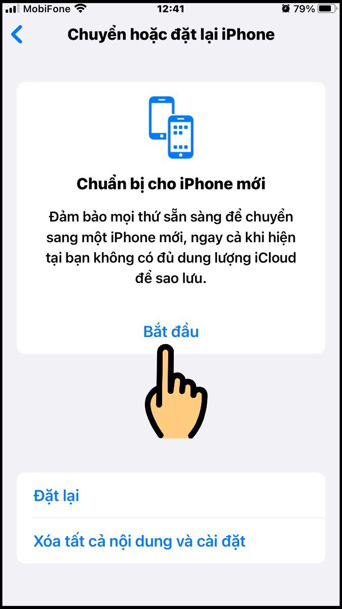 Màn hình sẽ xuất hiện thông báo Chuẩn bị cho iPhone mới. Bạn tiến hành nhấn chọn Bắt đầu