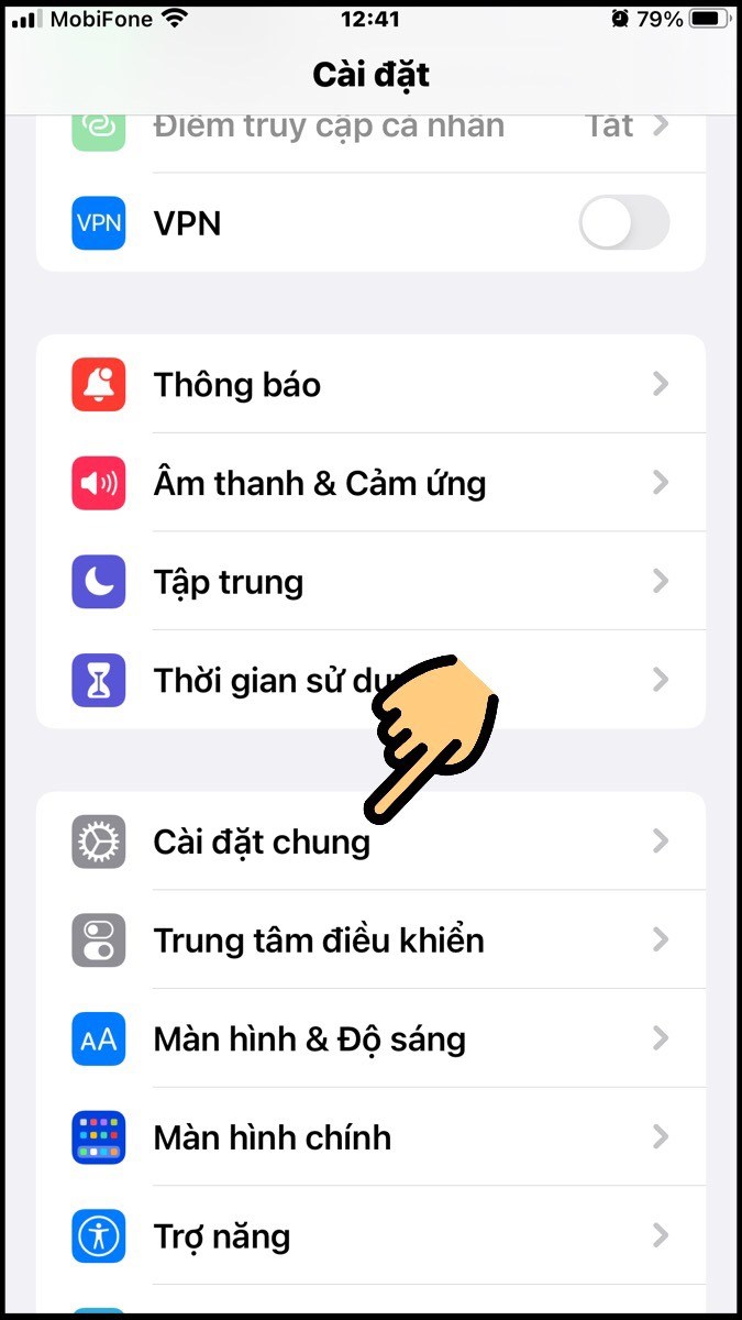 Trong mục cài đặt của điện thoại, bạn tìm và chọn mục cài đặt chung